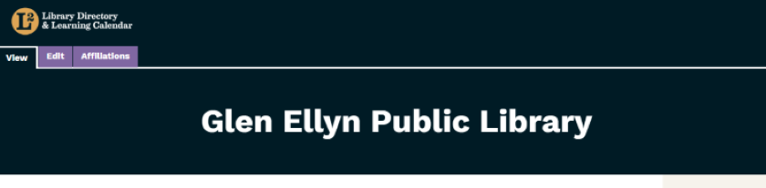 Alt text: A screenshot of the L2 website header. Three tabs at the top of the page say "View," "Edit," and "Affiliations." A header in bold, white font says "Glen Ellyn Public Library." 