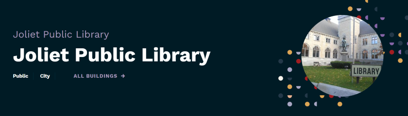 A screenshot of the Joliet Public Library page header with a circle-cropped image of the Joliet Public Library.