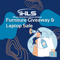 IHLS Furniture Giveaway and Laptop Sale (image is an illustration of a female figure holding a megaphone and sitting on a giant shopping bag