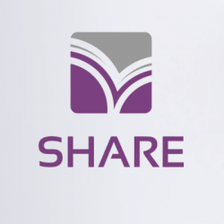 SHARE logo (logo includes abstract open book pages in purple and white, filling a gray, rounded square)