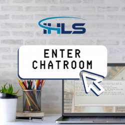 cursor on a button that says "Enter Chatroom." Background image is of a computer desk with office supplies and a laptop with an open window on it. The IHLS logo is on the wall.