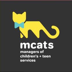 A yellow, m-shaped cat wearing a light blue bowtie in front of a dark gray background. White text below the cat reads: mcats managers of children's + teen services