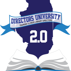 Directors University 2.0 over image of Illinois in blue with an open book underneath