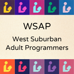 Colorful images of reader and book above and below text "WSAP West Suburban Adult Programmers"