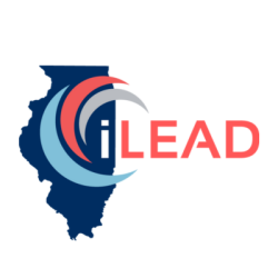 iLEAD logo: a navy blue silhouette of Illinois with three crescents in light blue, coral, and gray emerging from the state. The word "iLEAD" to the right with the i white and inside the state and the LEAD in capital coral letters beside.