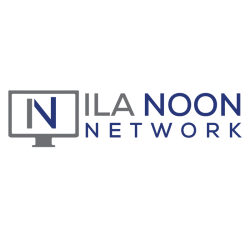 ILA Noon Network in royal blue and grey. A grey computer monitor with a capital letter "N" in blue and grey is to the left. 