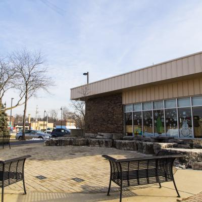 Fox River Grove Memorial Library exterior and patio