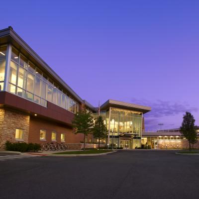 Twilight view of the east side of the Fox Lake Library