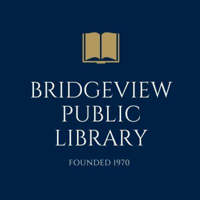 Gold Open Book and words Bridgeview Public Library Founded 1970 logo