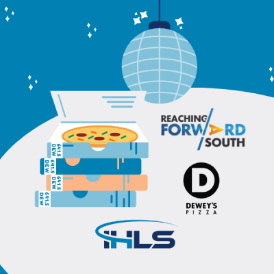 ALT TEXT: The logos for Reaching Forward South, Dewey's Pizza, and Illinois Heartland Library System sit next to a stack of pizza boxes that look like books.