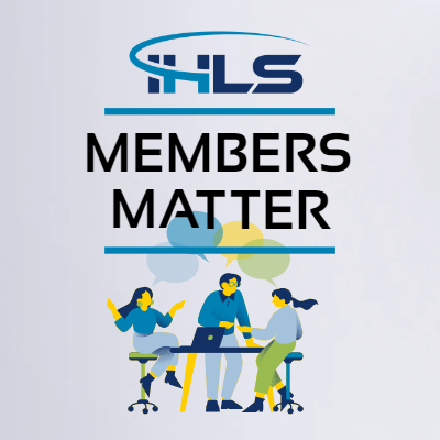 Text: IHLS Members Matter. Image: corporate-style drawing of three people chatting at a table