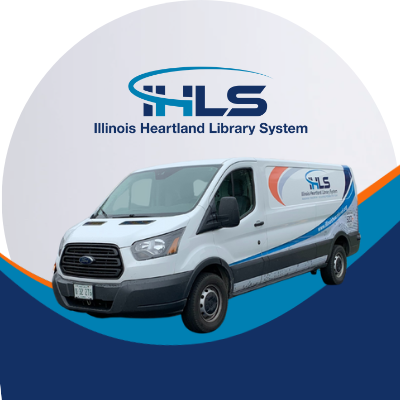 Photo of Illinois Heartland Library System Delivery Van in front of some decorative blue curves. The IHLS logo is above the van.