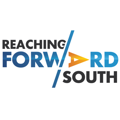 Reaching Forward South in blue, black, and orange lettering. Forward is the largest word and the "A" is turned 90 degrees to the right and is the only letter in orange. It looks like an arrow pointing forward.