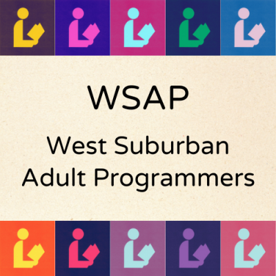 colorful "reader" illustrations above and below the words "WSAP West Suburban Adult Programmers"