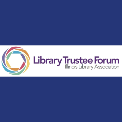 In purple font is Library Trustee Forum. In smaller font underneath is Illinois Library Association. To the left is a circle composed of small arcs in different colors. 